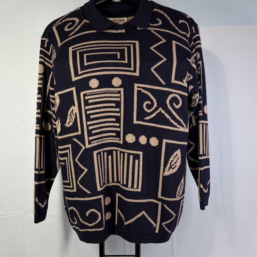 Men Geometric Patterned Navy and Beige Sweater
